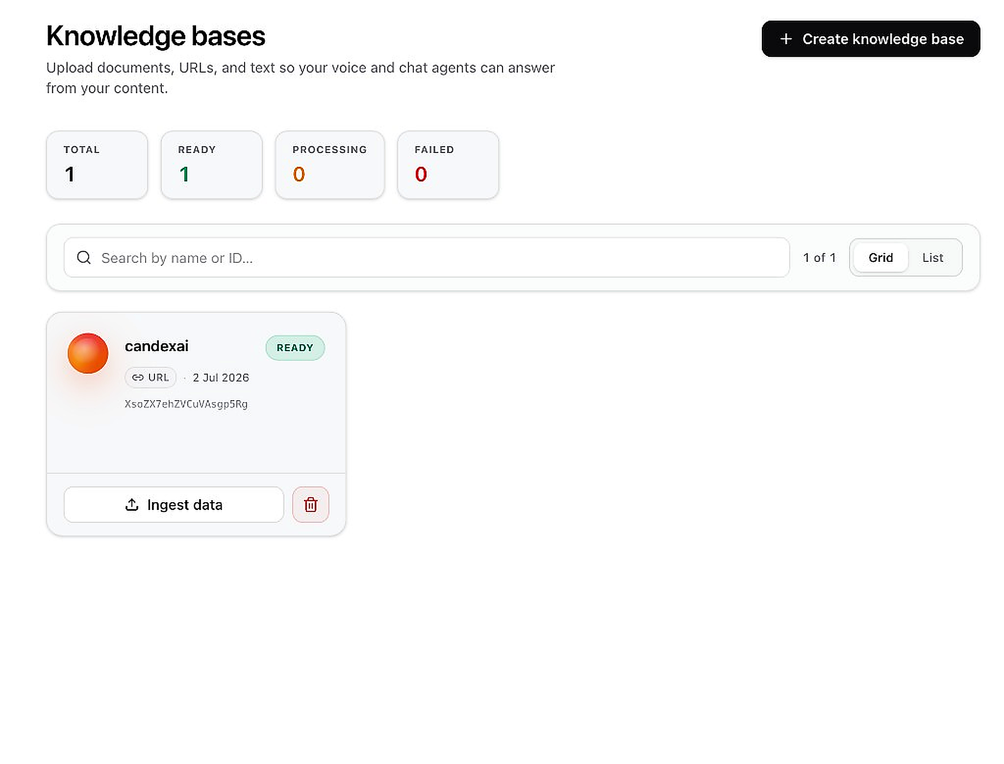 Knowledge bases list page