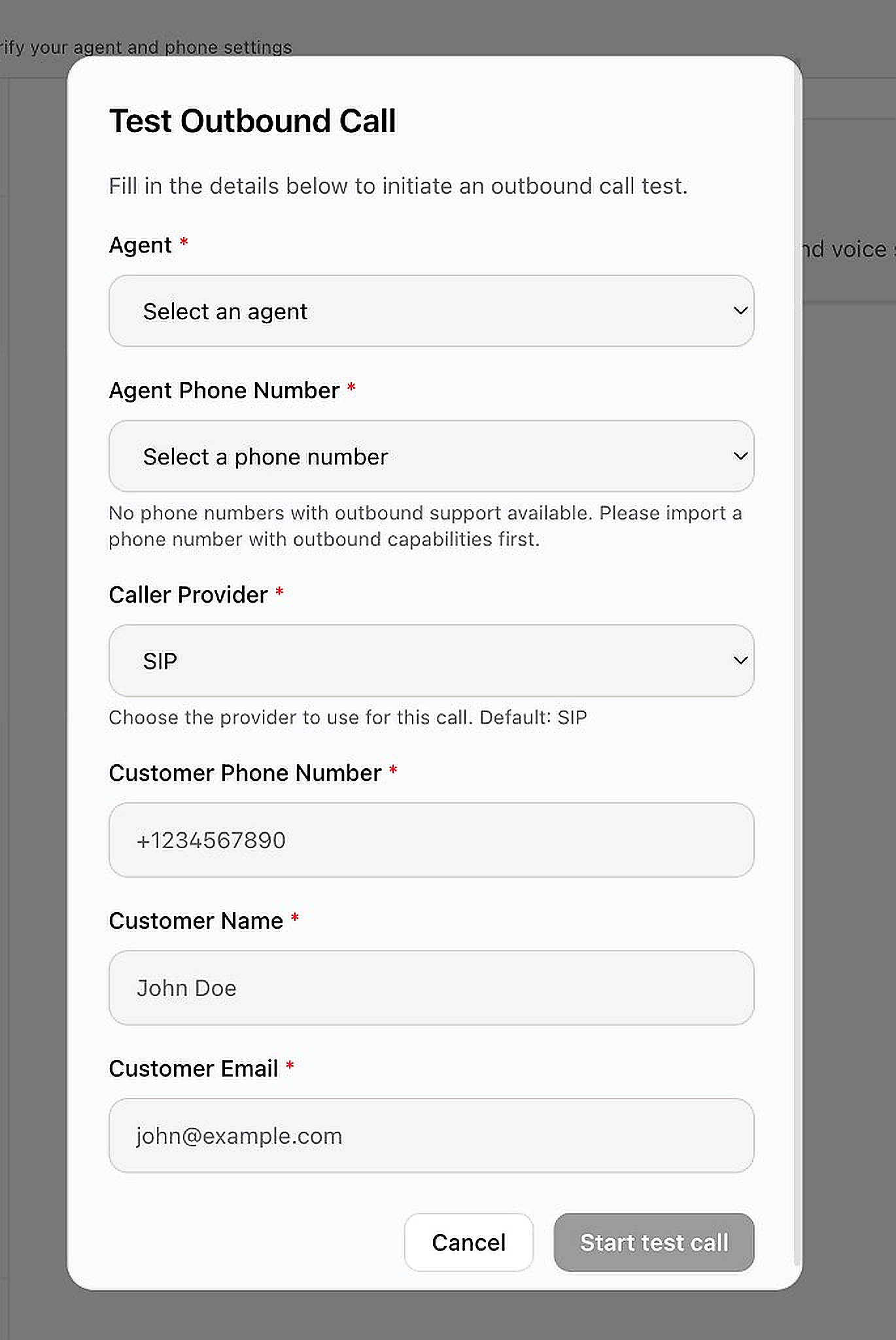 Test outbound call dialog