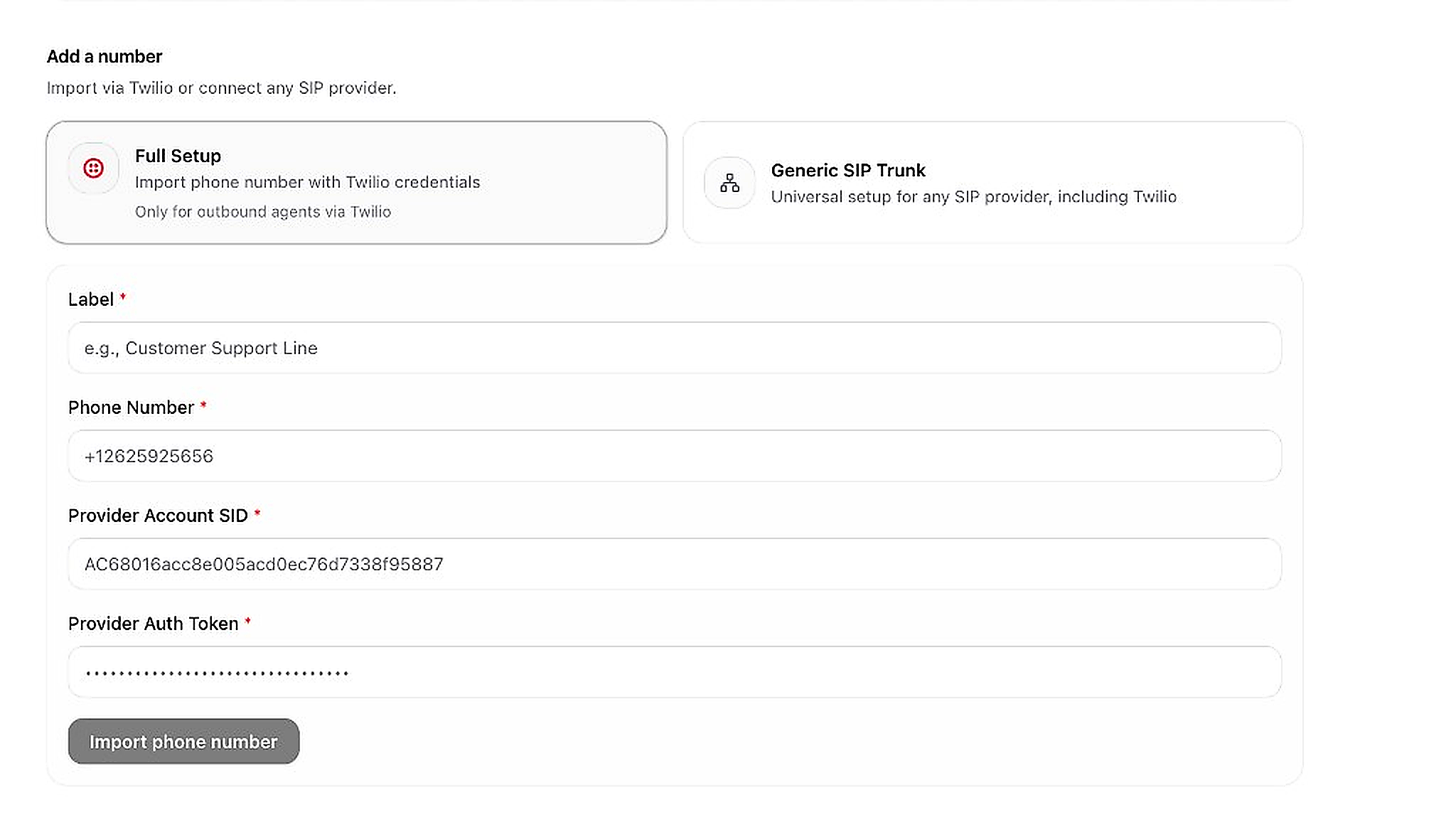 Add number via Twilio