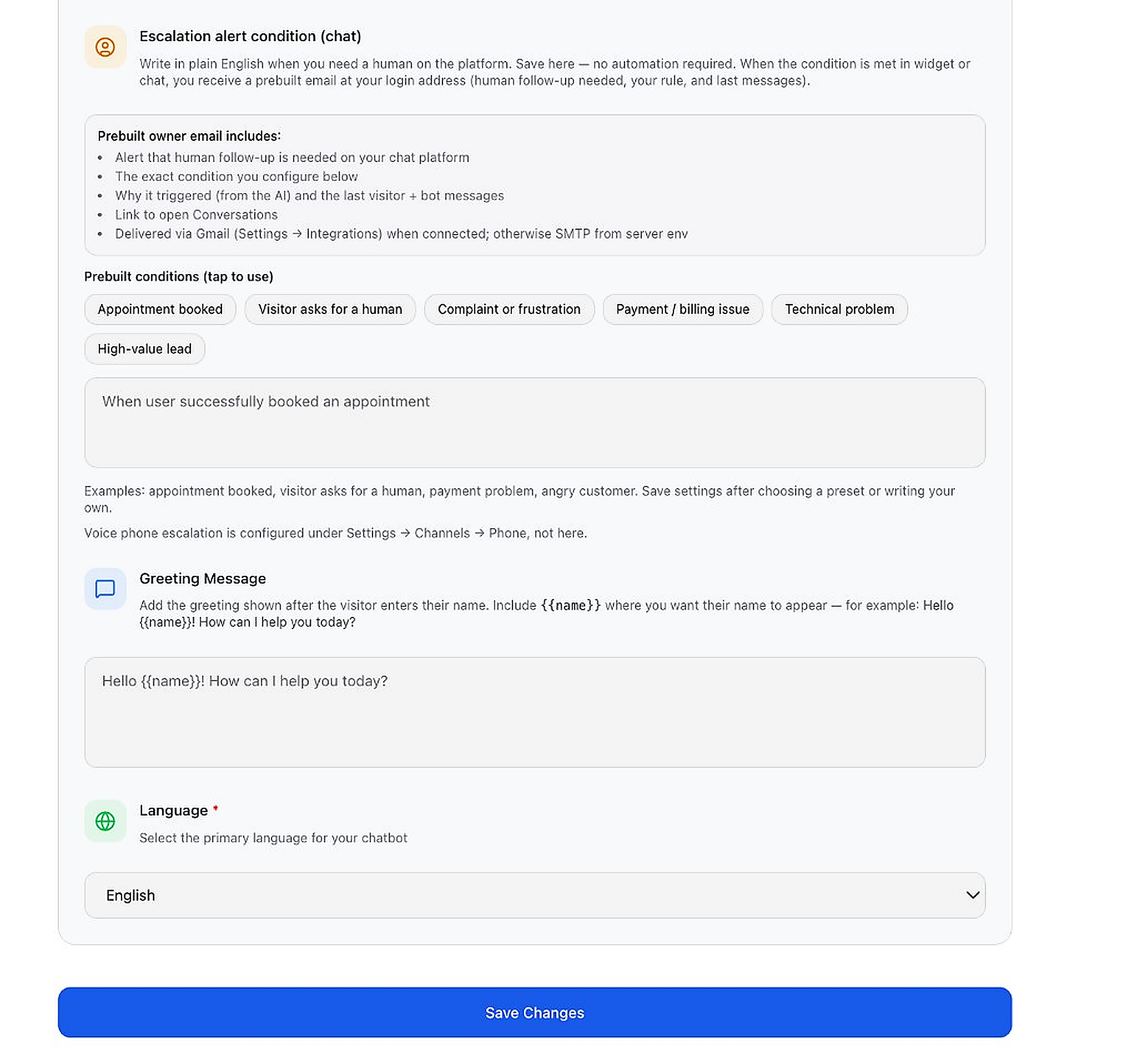 Chatbot behavior settings