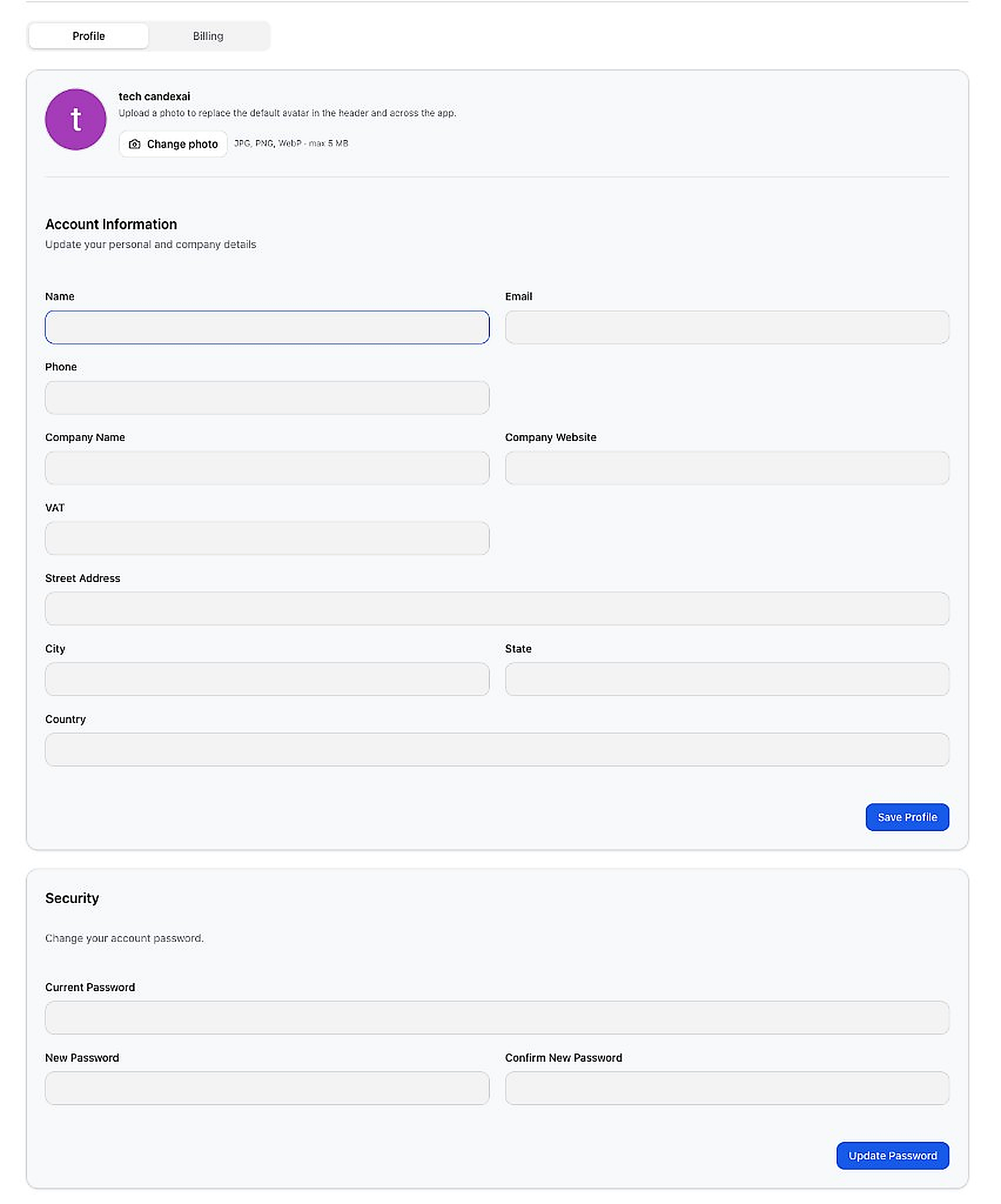 Profile settings page