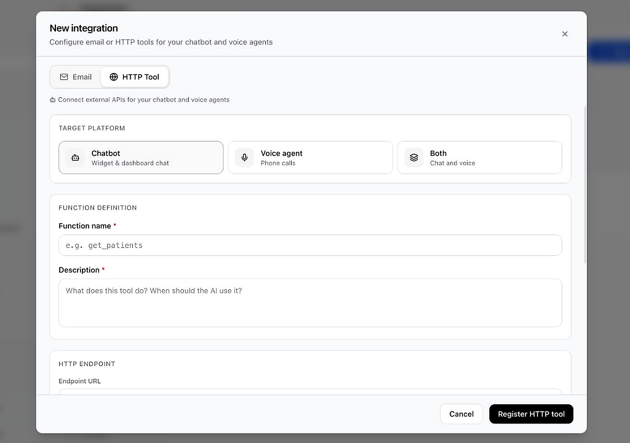 Create HTTP tool modal
