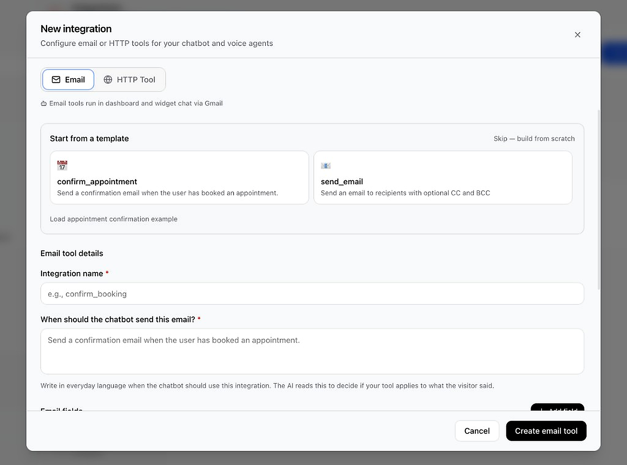 Create email integration modal