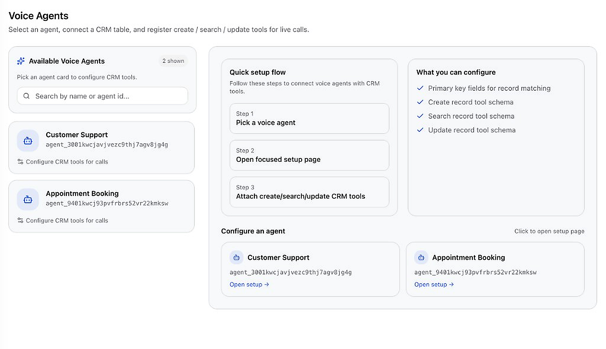 CRM voice agents setup page