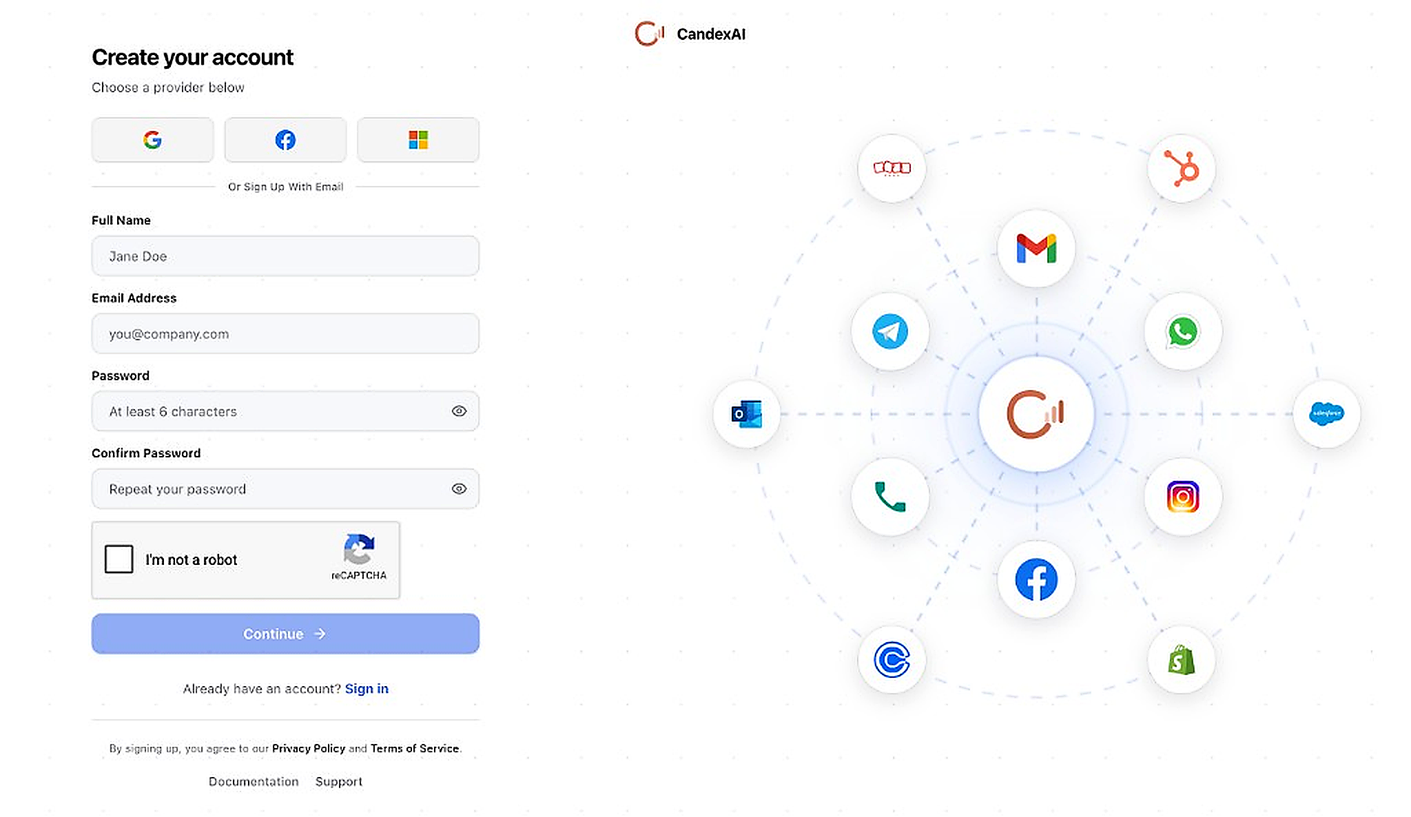 Create account page